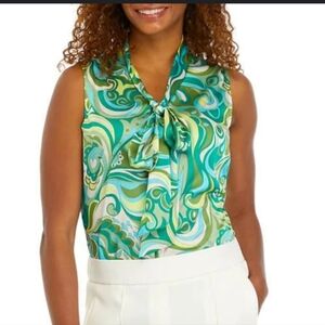 Tahari ASL Green Swirl Sleeveless Blouse